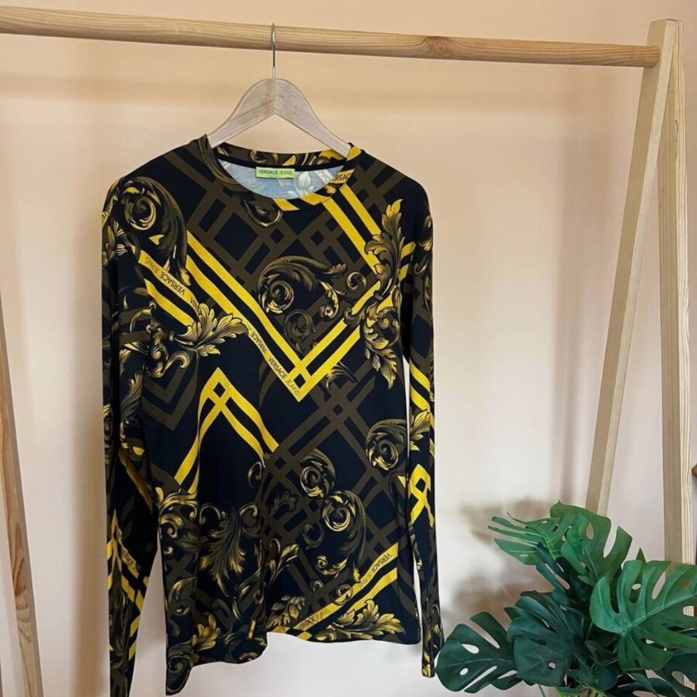 Versace Black with Yellow Baroque Pattern Crewneck Sweater